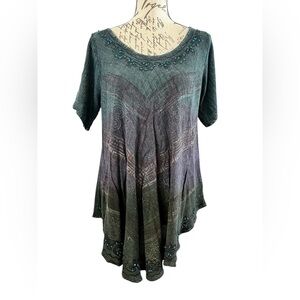 Embroidered Sequin Embellished Ombre Green & Purple Women's Tunic Top Medium